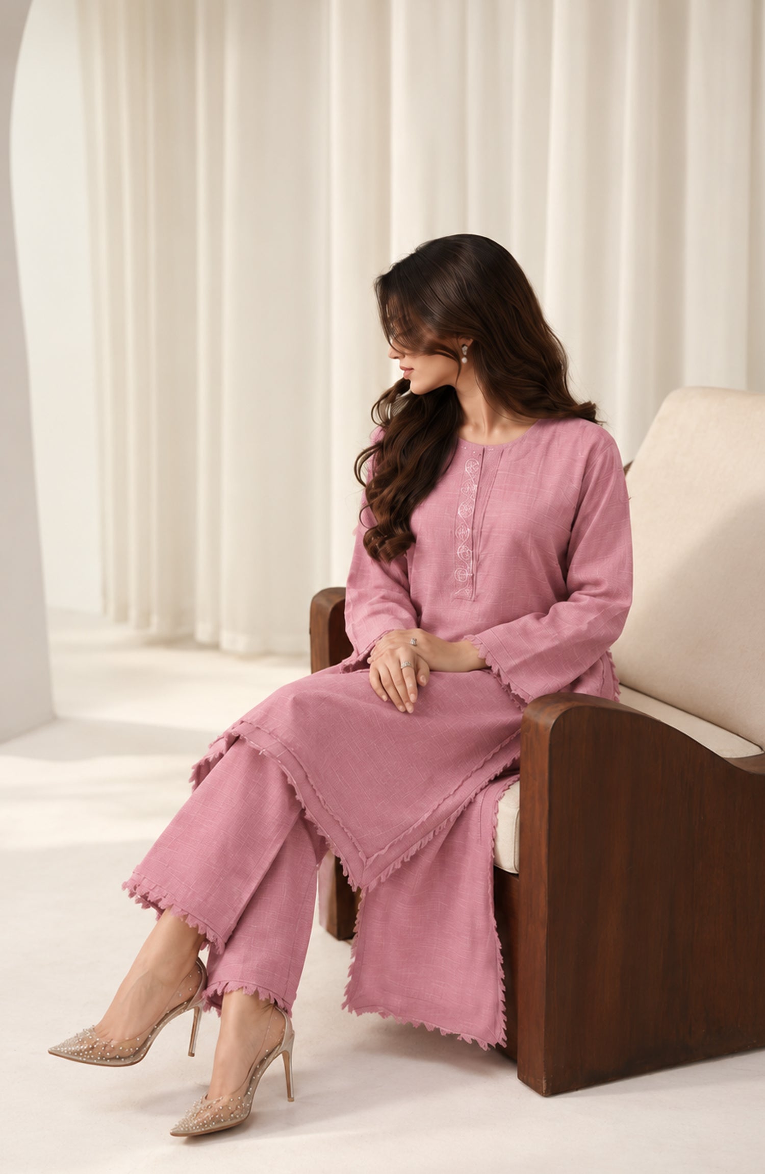 Amaya by Amna Khadija Embroidered Khaddar Stitched 2 Piece Co-ord Set - AKAW-01 - AM26AYA - Pink - Winter Collection
