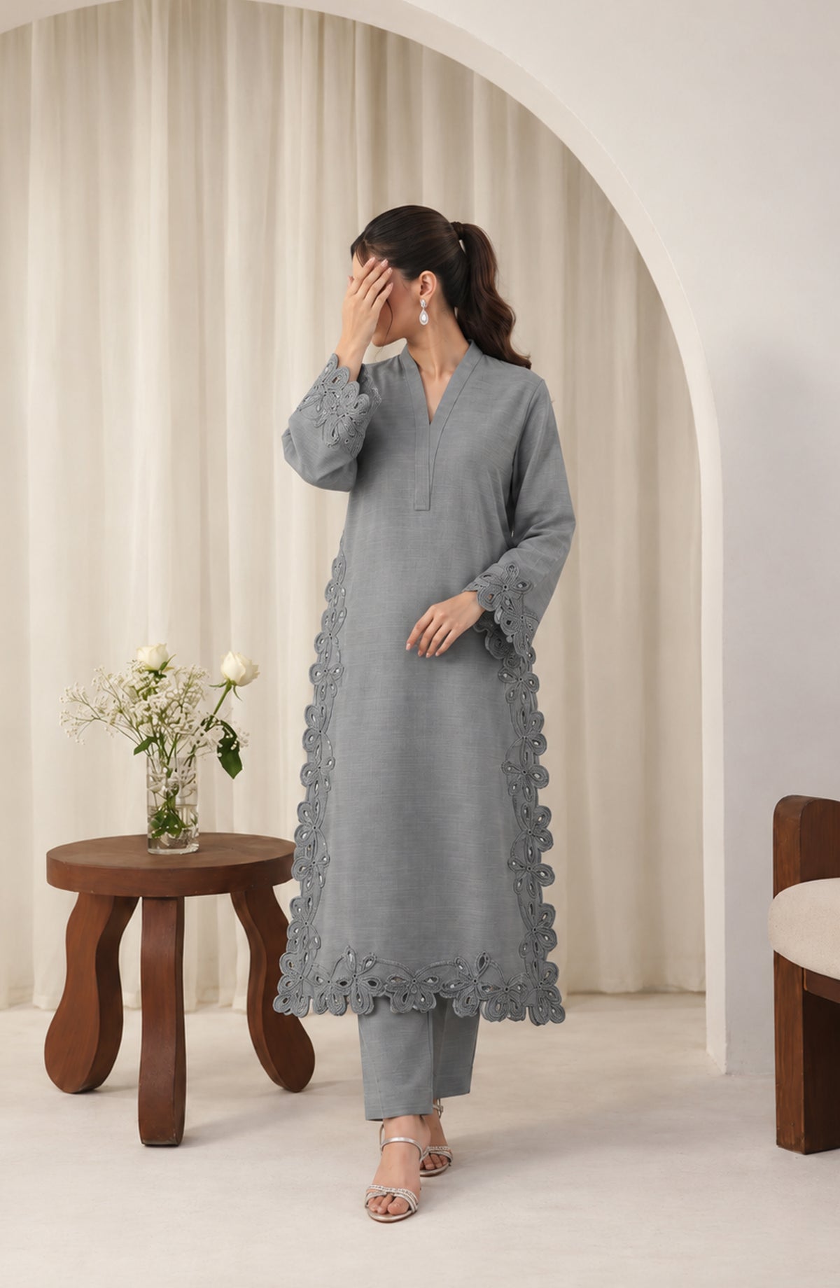 Amaya by Amna Khadija Embroidered Khaddar Stitched 2 Piece Co-ord Set - AKAW-03 - AM26AYA - Grey - Winter Collection