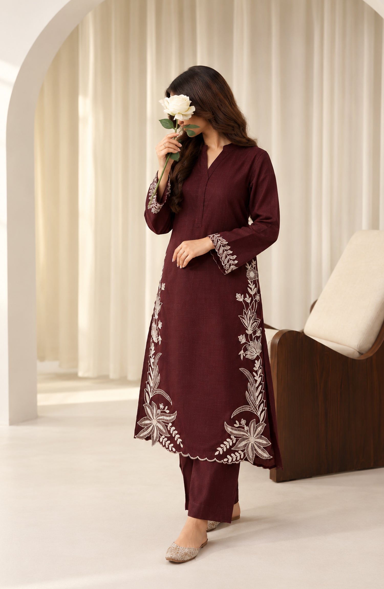 Amaya by Amna Khadija Embroidered Khaddar Stitched 2 Piece Co-ord Set - AKAW-04 - AM26AYA - Brown - Winter Collection