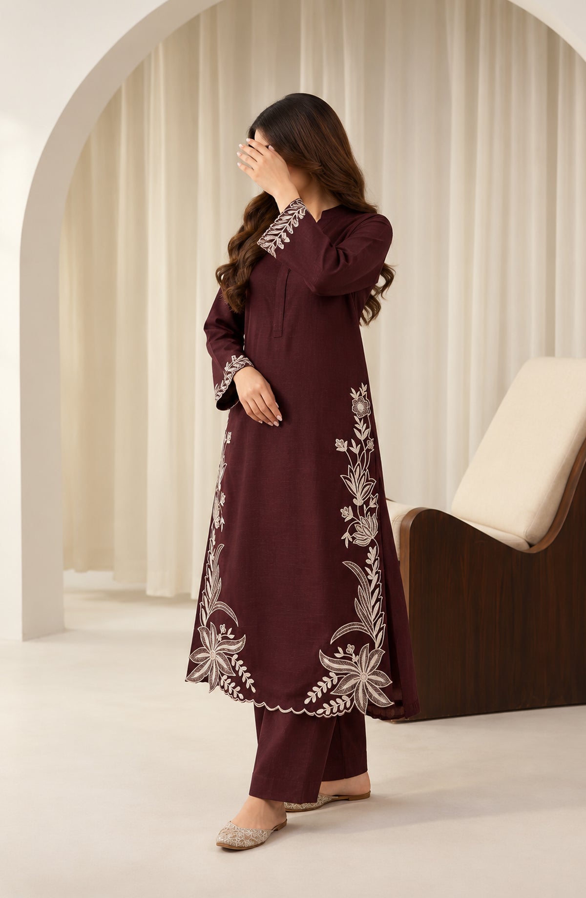 Amaya by Amna Khadija Embroidered Khaddar Stitched 2 Piece Co-ord Set - AKAW-04 - AM26AYA - Brown - Winter Collection