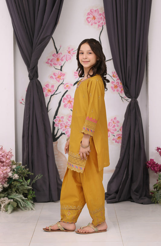 Fresh Birds Embroidered Cotton Lawn Stitched 2 Piece Suit - Amber - FBR26FS - Mustard - Festive Girls Collection