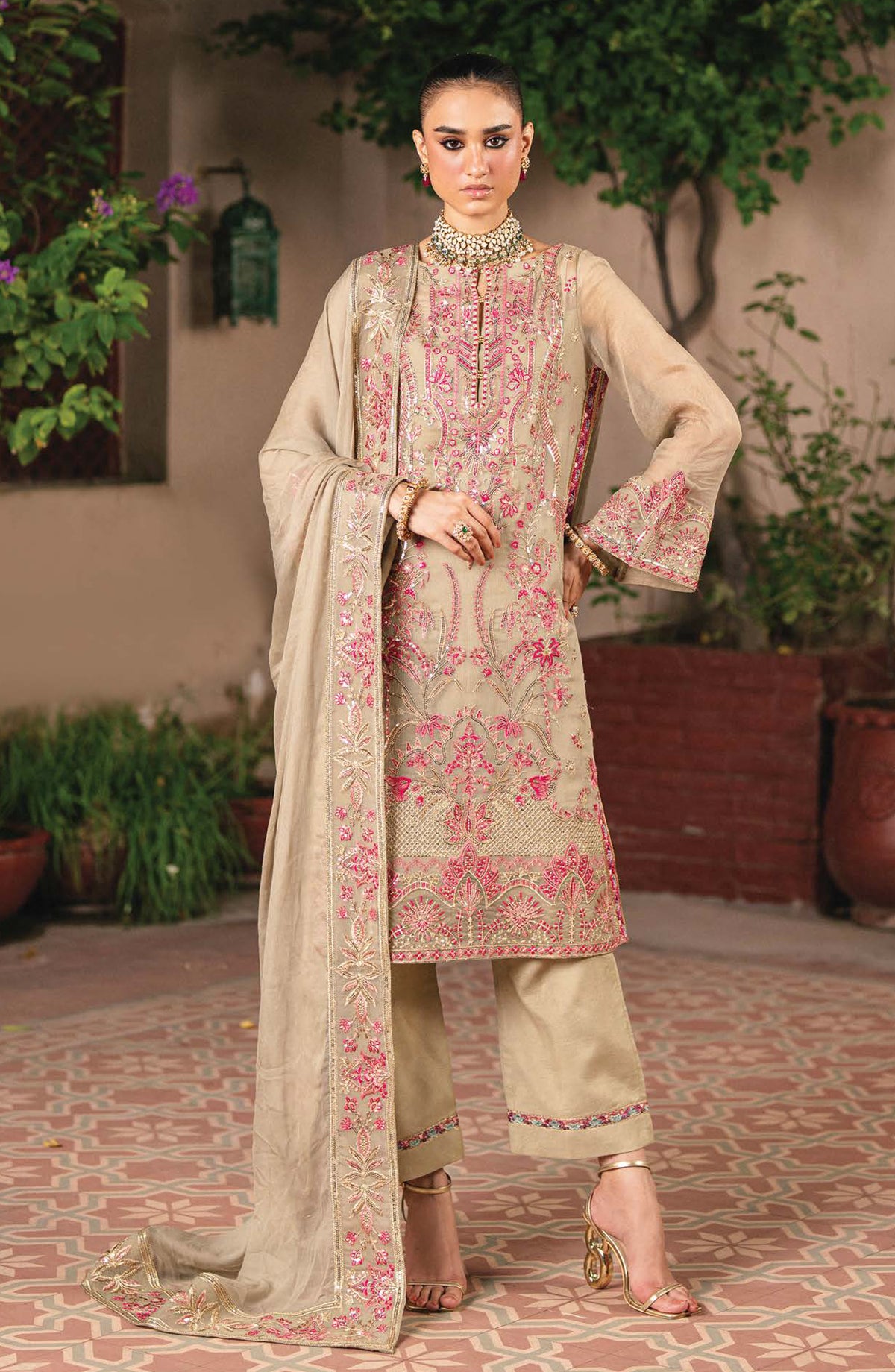 Amel by Freesia Luxury Embroidered Chiffon Unstitched 3 Piece Suit - FSU-5643 TAOS TAUPE - FS25AML - Beige - Festive Collection