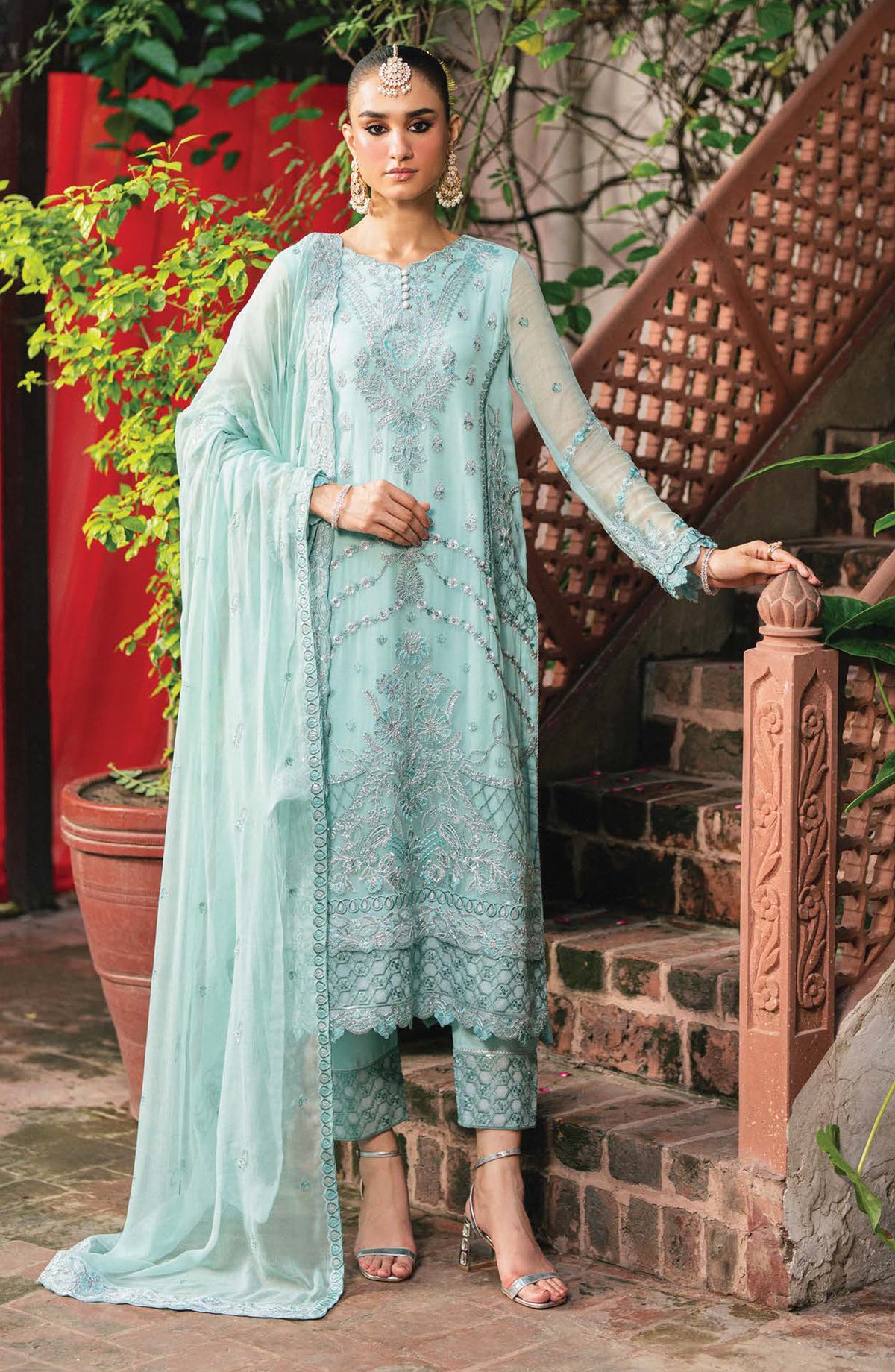 Amel by Freesia Luxury Embroidered Chiffon Unstitched 3 Piece Suit - FSU-5646 CASCADE - FS25AML - Sky Blue - Festive Collection