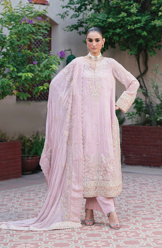 Amel by Freesia Luxury Embroidered Chiffon Unstitched 3 Piece Suit - FSU-5642 SILVER PEONY - FS25AML - Pink - Festive Collection