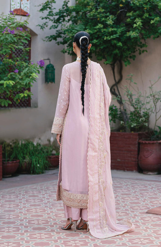 Amel by Freesia Luxury Embroidered Chiffon Unstitched 3 Piece Suit - FSU-5642 SILVER PEONY - FS25AML - Pink - Festive Collection