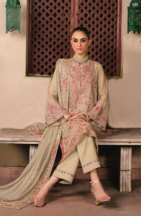 Amel by Freesia Luxury Embroidered Chiffon Unstitched 3 Piece Suit - FSU-5643 TAOS TAUPE - FS25AML - Beige - Festive Collection