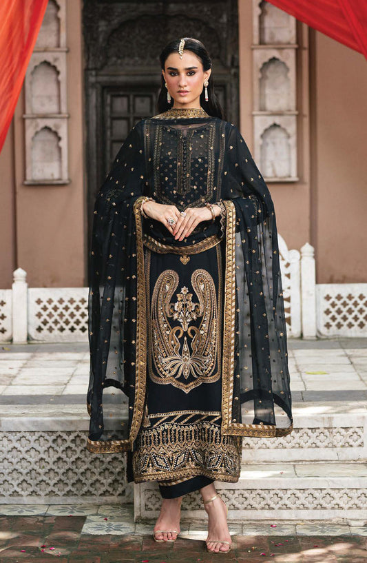 Amel by Freesia Luxury Embroidered Chiffon Unstitched 3 Piece Suit - FSU-5648 OUTER SPACE - FS25AML - Black - Festive Collection