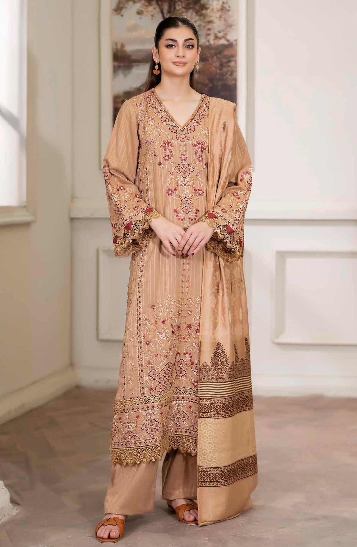 Amish by Johra Luxury Embroidered Unstitched 3 Piece Suit - JW-425 - JH25MISH - Beige - Winter Collection