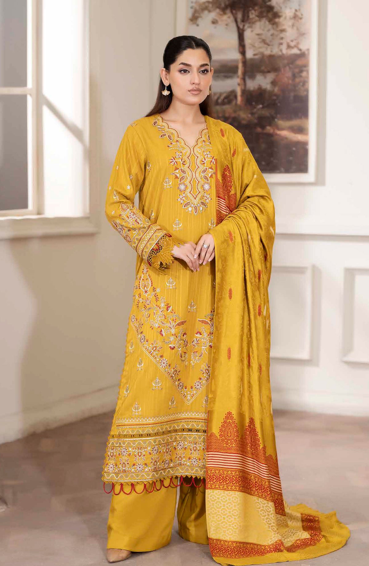 Amish by Johra Luxury Embroidered Unstitched 3 Piece Suit - JW-421 - JH25MISH - Yellow - Winter Collection