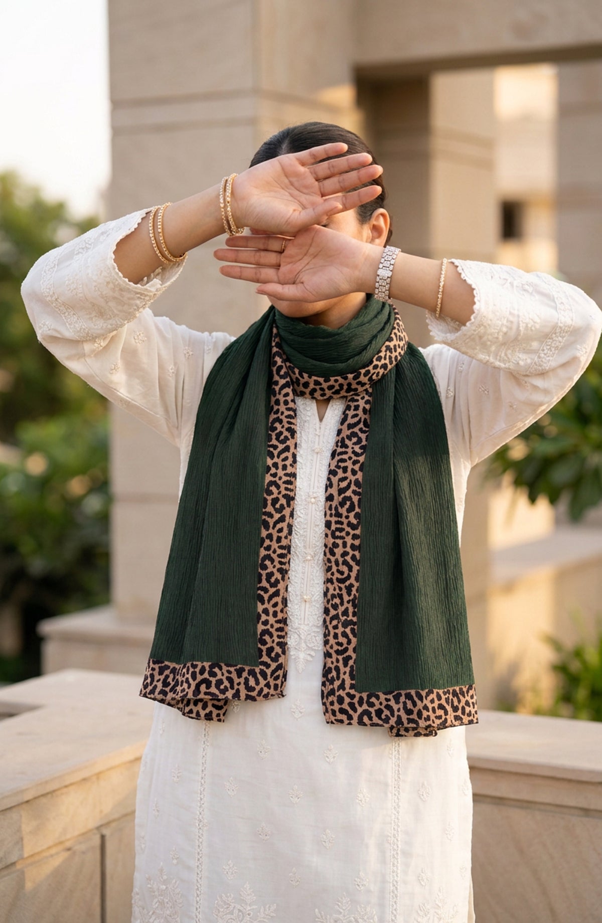 Amna Khadija Cheetah-Print Chiffon Stole - AKW-11 - AM26STL - Green - Winter Collection
