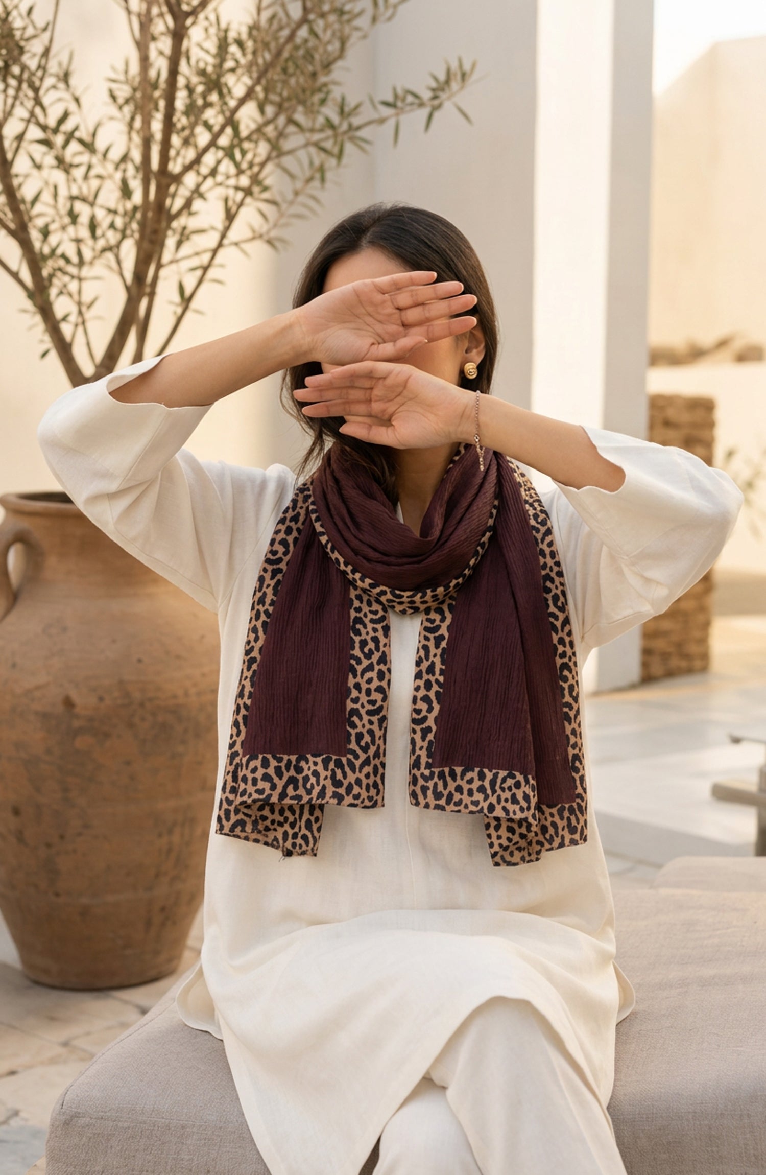 Amna Khadija Cheetah-Print Chiffon Stole - AKW-12 - AM26STL - Maroon - Winter Collection