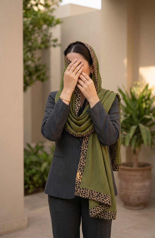 Amna Khadija Cheetah-Print Chiffon Stole - AKW-13 - AM26STL - Green - Winter Collection