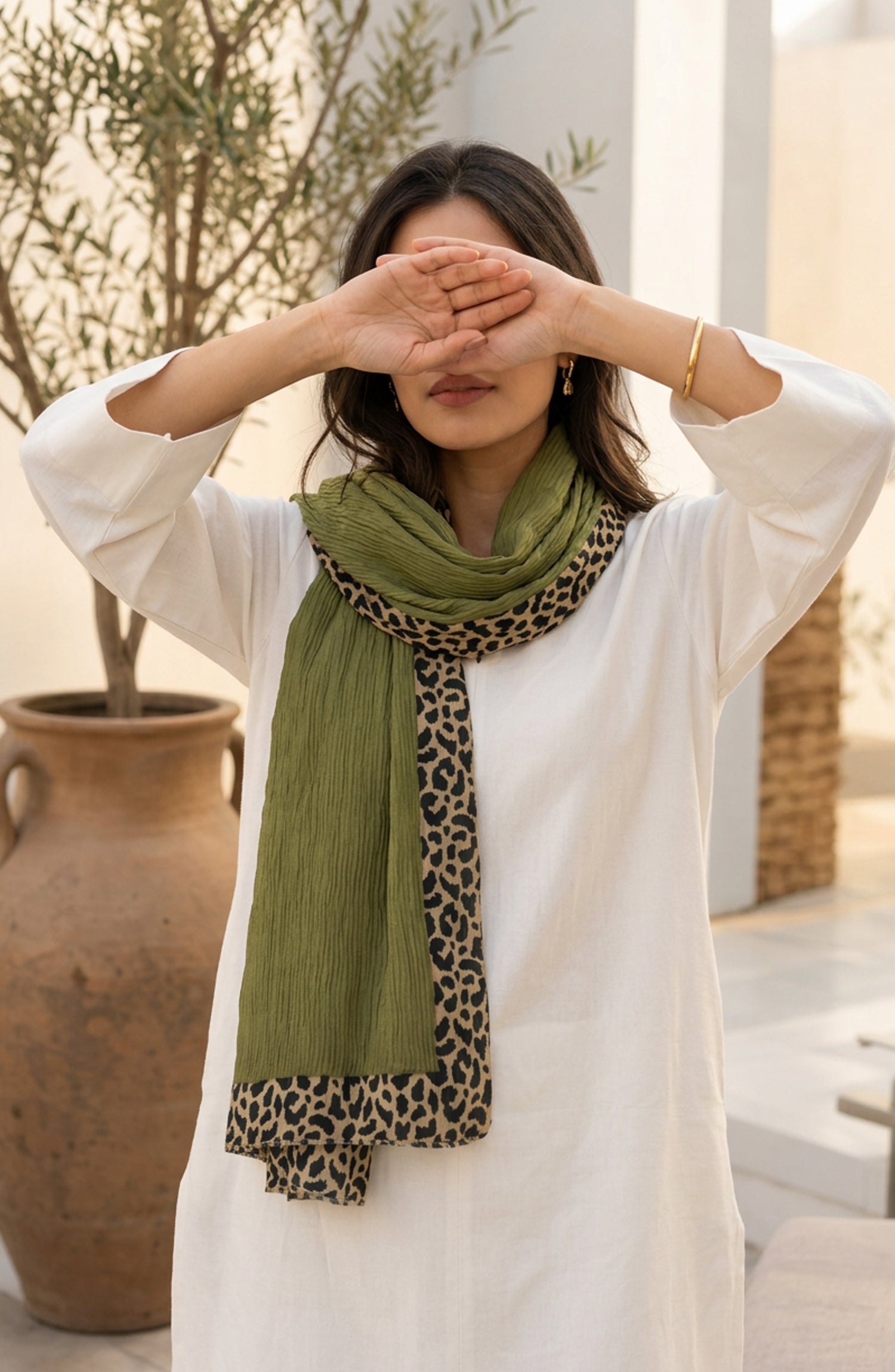 Amna Khadija Cheetah-Print Chiffon Stole - AKW-13 - AM26STL - Green - Winter Collection