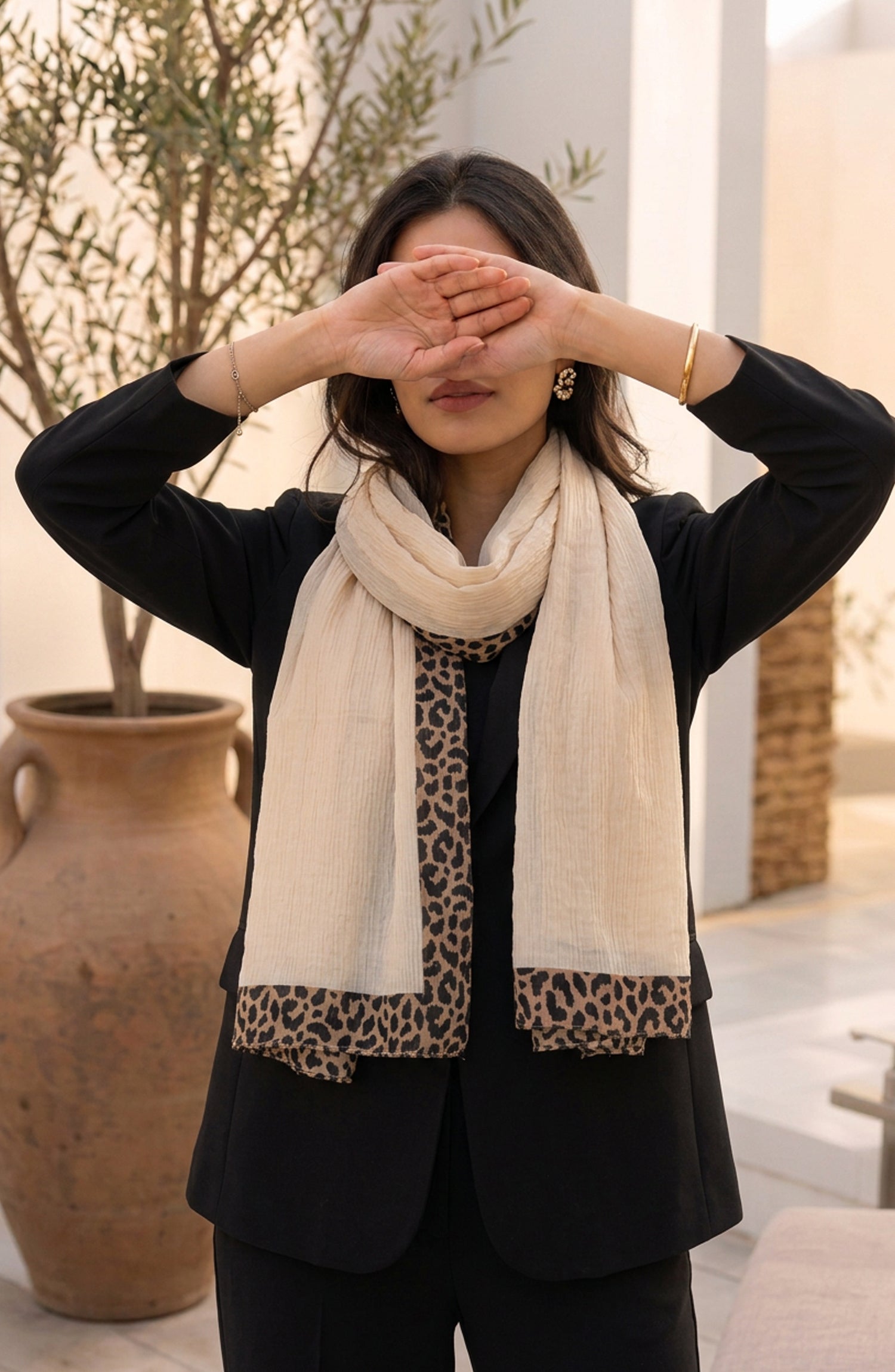 Amna Khadija Cheetah-Print Chiffon Stole - AKW-16 - AM26STL - Fawn - Winter Collection