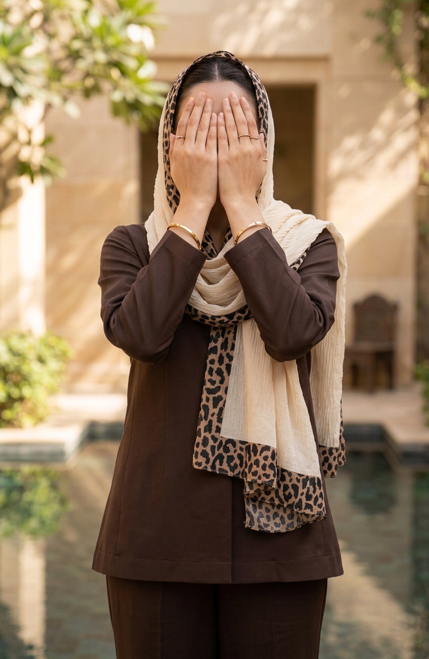 Amna Khadija Cheetah-Print Chiffon Stole - AKW-16 - AM26STL - Fawn - Winter Collection