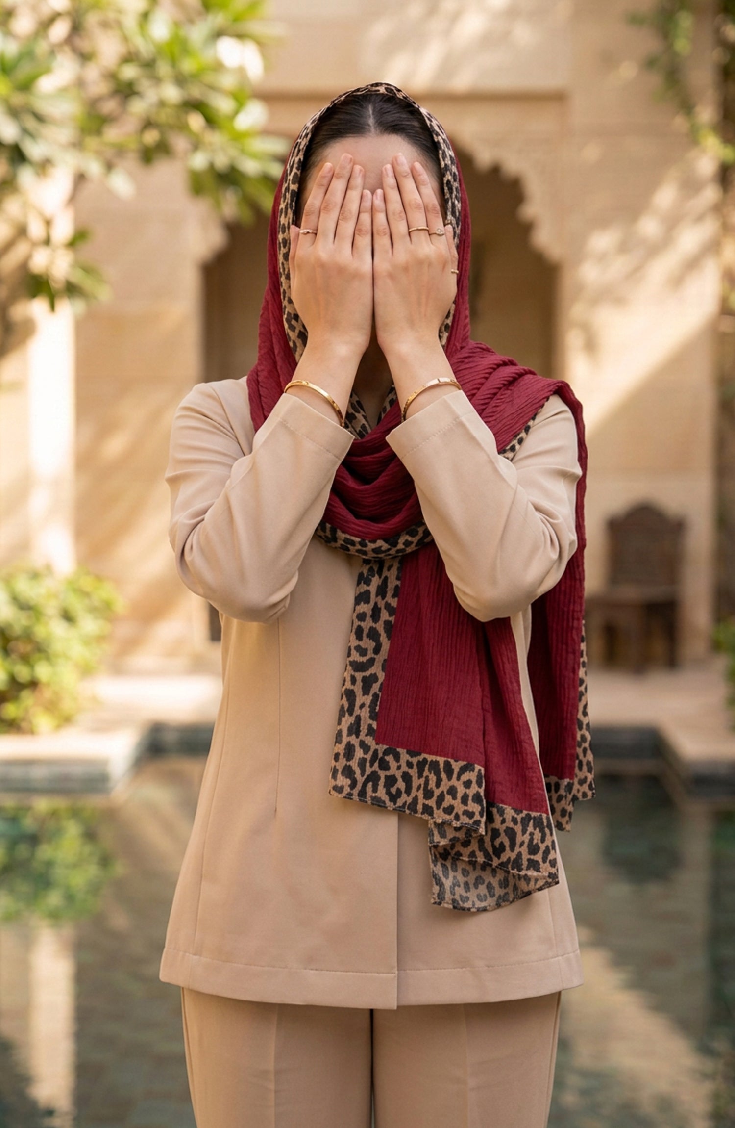 Amna Khadija Cheetah-Print Chiffon Stole - AKW-17 - AM26STL - Red - Winter Collection