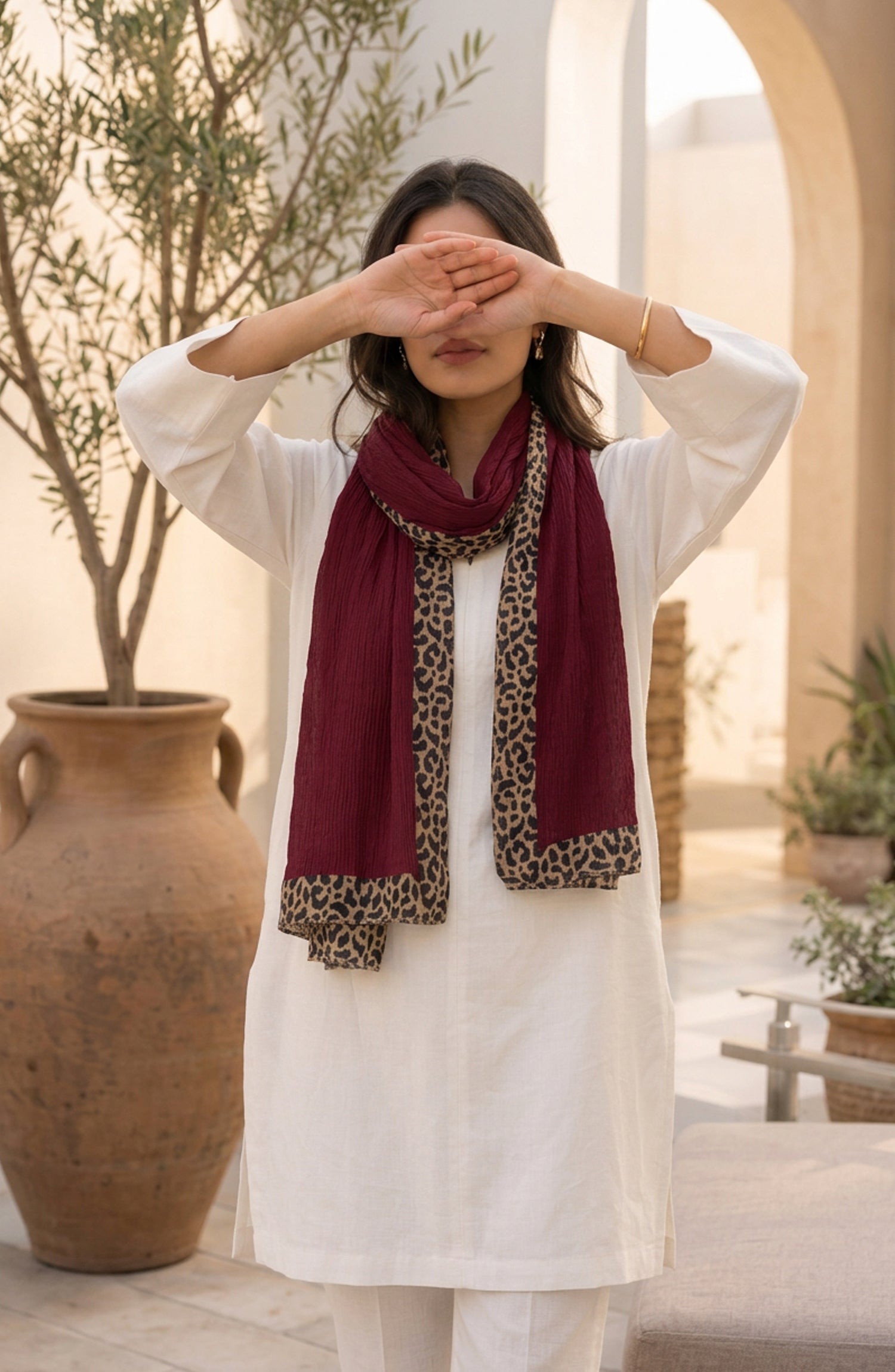 Amna Khadija Cheetah-Print Chiffon Stole - AKW-17 - AM26STL - Red - Winter Collection