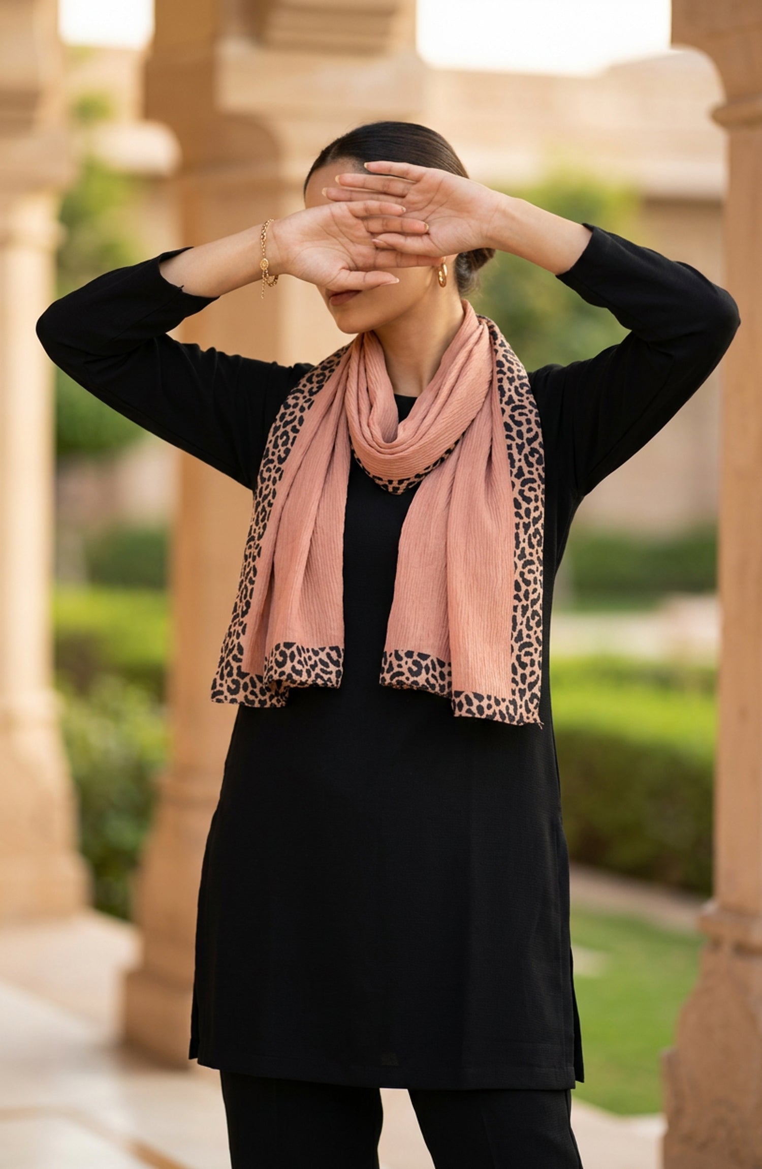 Amna Khadija Cheetah-Print Chiffon Stole - AKW-20 - AM26STL - Peach - Winter Collection