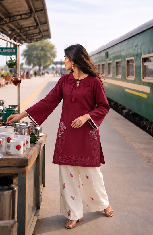 Amna Khadija Embroidered Khaddar Stitched 2 Piece Co-ord Sets - AKPF-02 - AM26AKPF - Red - Winter Collection