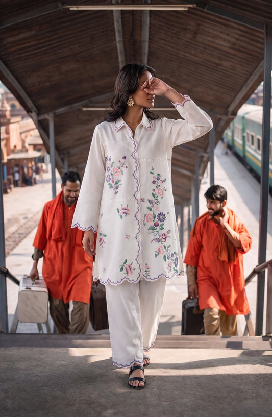 Amna Khadija Embroidered Khaddar Stitched 2 Piece Co-ord Sets - AKPF-05 - AM26AKPF - White - Winter Collection