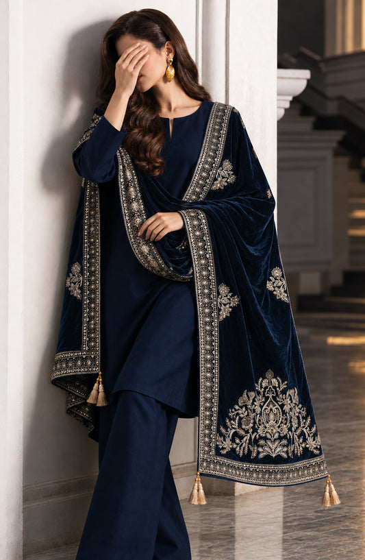 Amna Khadija Mehraab Luxury Embroidered Velvet Shawl - AKM-06 - AM26MHR - Blue - Winter Collection