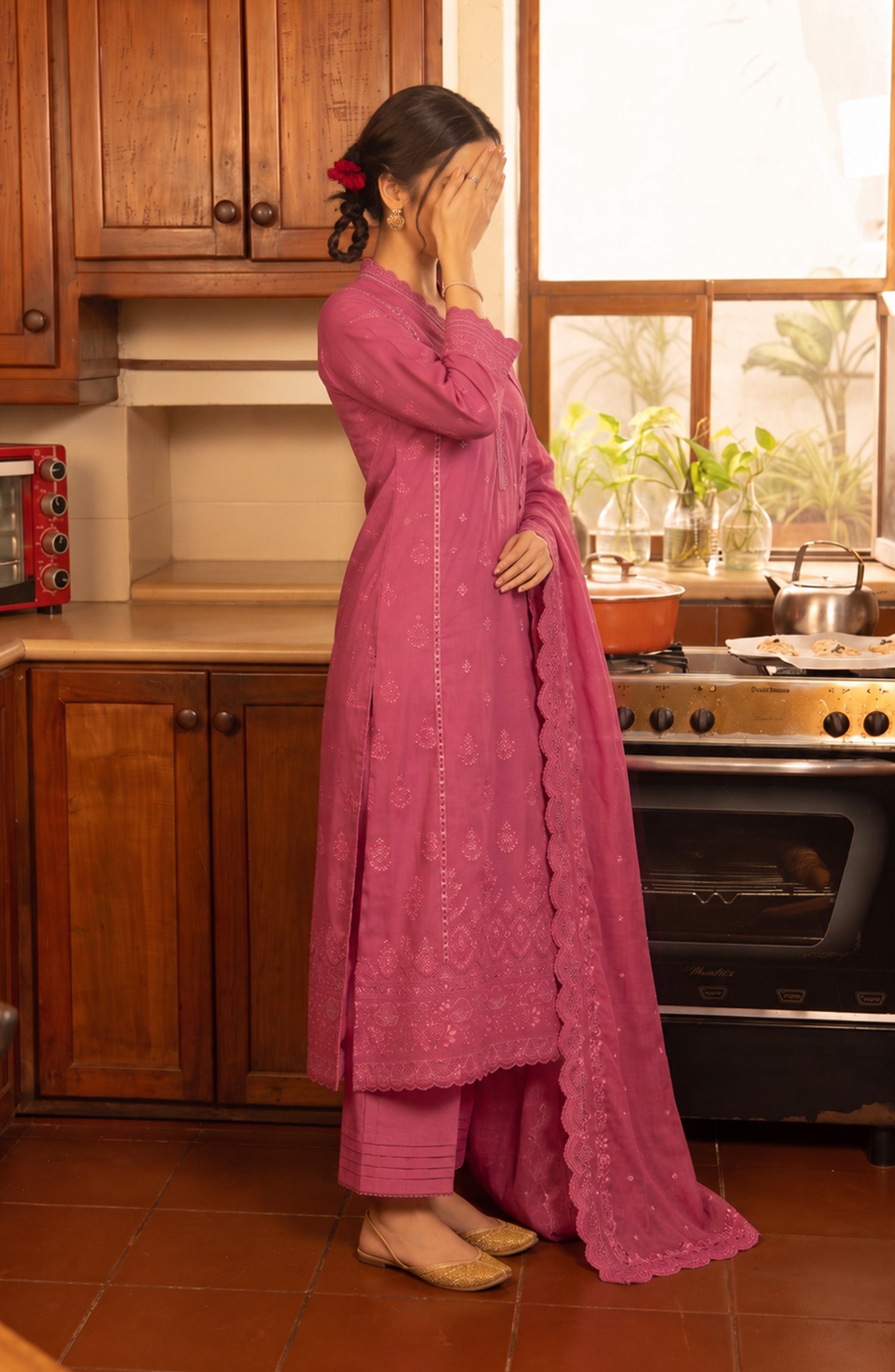 Amna Khadija Noor-e-Nawab Lucknowi Embroidered Cotton Stitched 3 Piece Suit - AKNNL-02 - AM26LKH - Pink - Winter Collection
