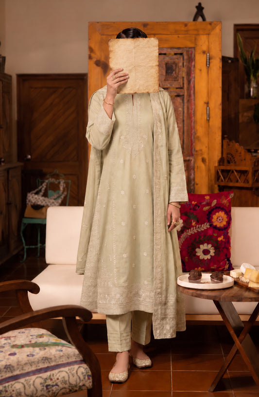 Amna Khadija Noor-e-Nawab Lucknowi Embroidered Cotton Stitched 3 Piece Suit - AKNNL-04 - AM26LKH - Green - Winter Collection