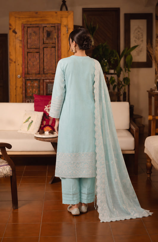 Amna Khadija Noor-e-Nawab Lucknowi Embroidered Cotton Stitched 3 Piece Suit - AKNNL-05 - AM26LKH - Sky Blue - Winter Collection