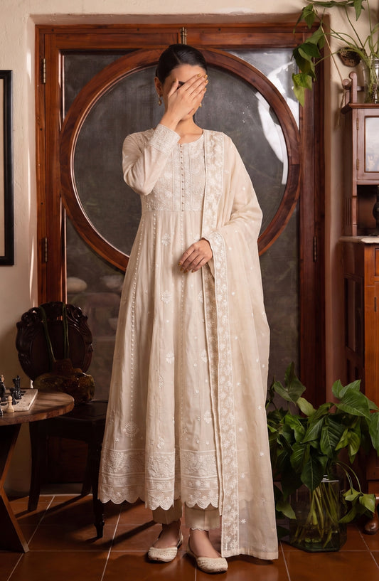 Amna Khadija Noor-e-Nawab Lucknowi Embroidered Cotton Stitched 3 Piece Suit - AKNNL-06 - AM26LKH - Skin - Winter Collection