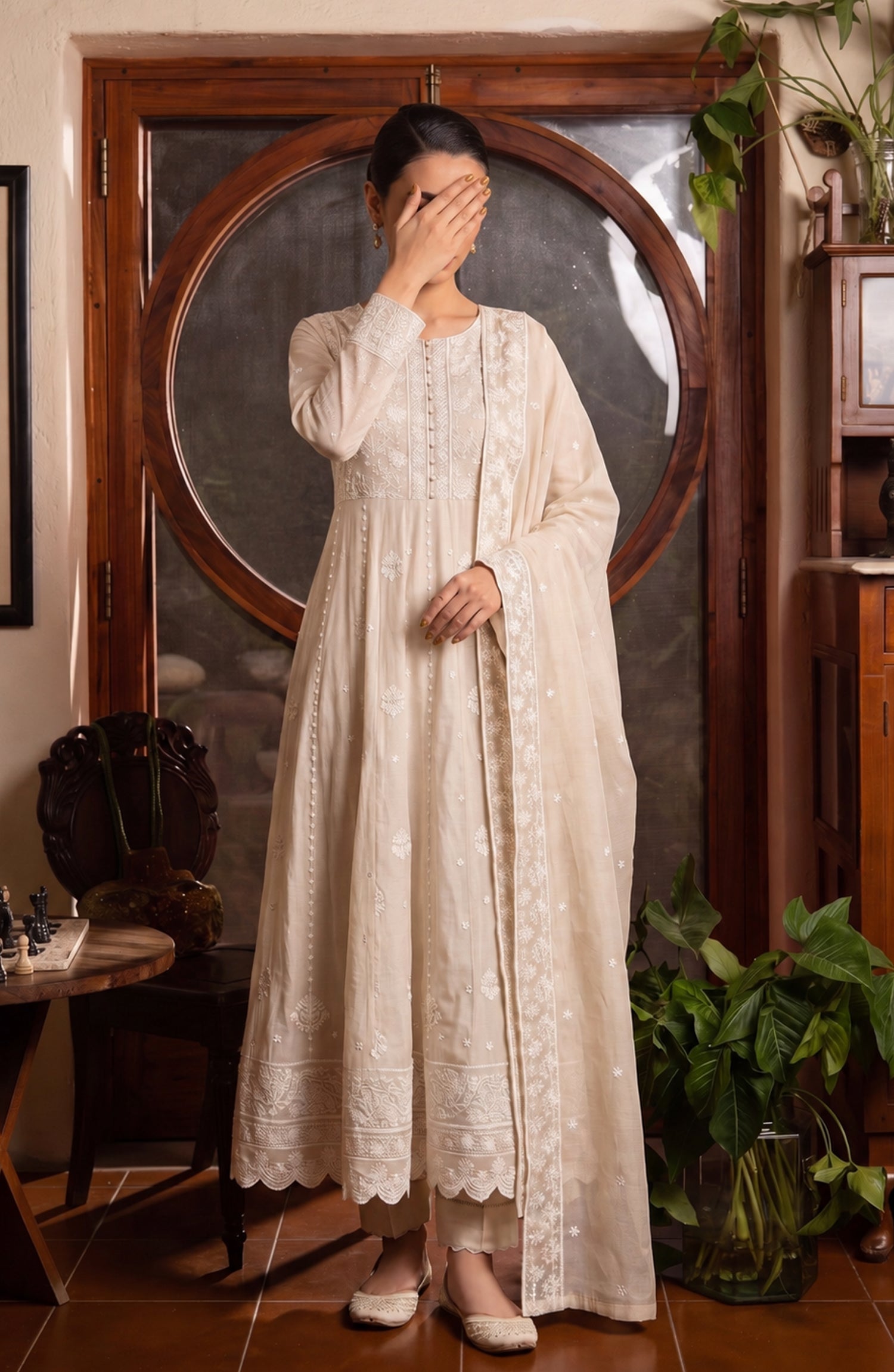 Amna Khadija Noor-e-Nawab Lucknowi Embroidered Cotton Stitched 3 Piece Suit - AKNNL-06 - AM26LKH - Skin - Winter Collection