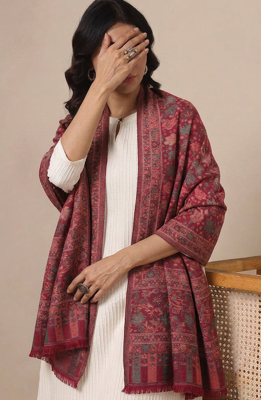 Amna Khadija Wool Jacquard Stole - AKW-01 - AM26STL - Pink - Winter Collection