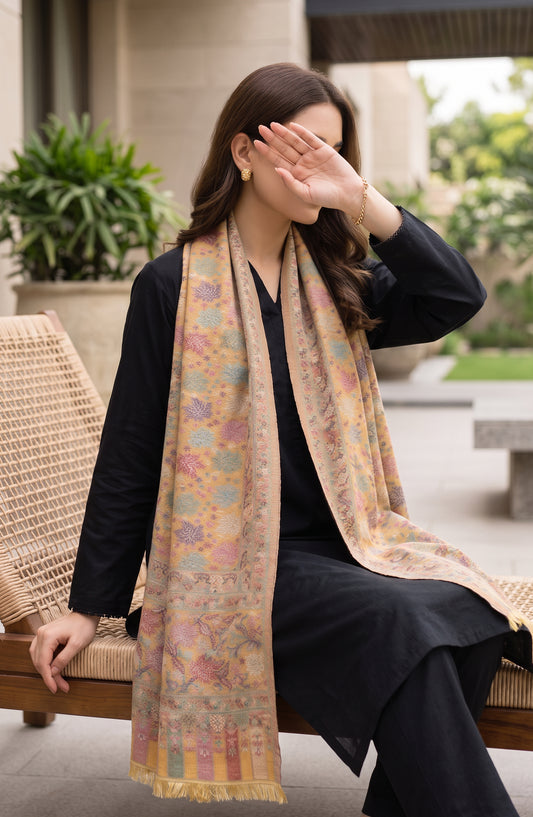 Amna Khadija Wool Jacquard Stole - AKW-02 - AM26STL - Mustard - Winter Collection
