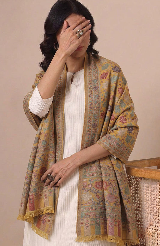 Amna Khadija Wool Jacquard Stole - AKW-02 - AM26STL - Mustard - Winter Collection