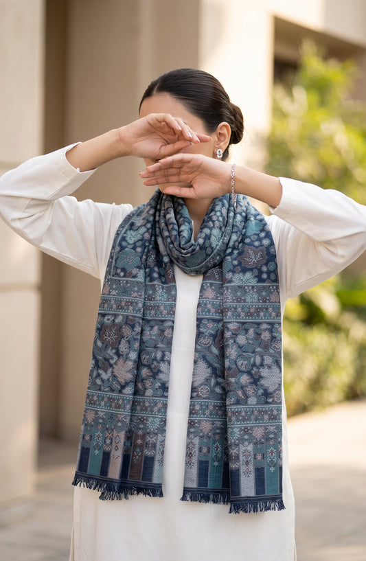 Amna Khadija Wool Jacquard Stole - AKW-03 - AM26STL - Blue - Winter Collection