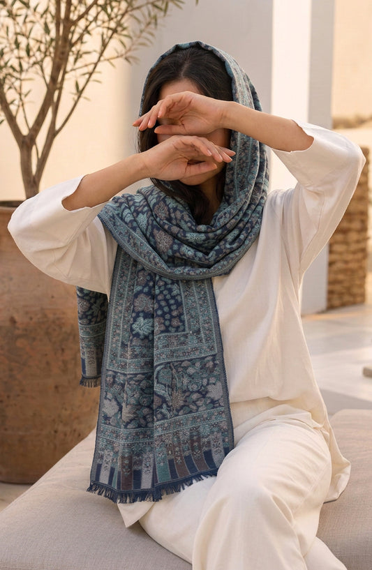 Amna Khadija Wool Jacquard Stole - AKW-03 - AM26STL - Blue - Winter Collection
