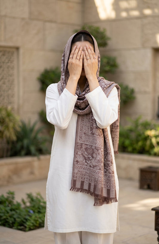 Amna Khadija Wool Jacquard Stole - AKW-04 - AM26STL - Brown - Winter Collection