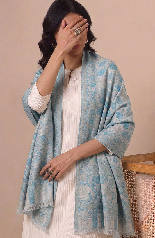 Amna Khadija Wool Jacquard Stole - AKW-05 - AM26STL - Blue - Winter Collection