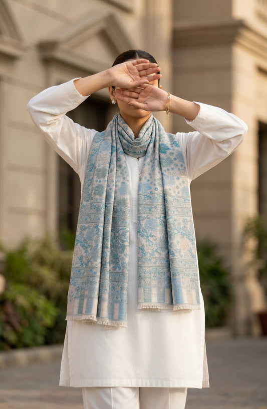 Amna Khadija Wool Jacquard Stole - AKW-05 - AM26STL - Blue - Winter Collection