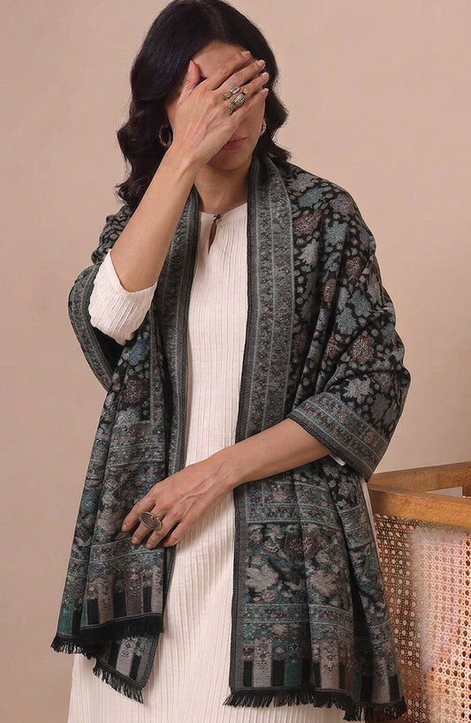 Amna Khadija Wool Jacquard Stole - AKW-06 - AM26STL - Grey - Winter Collection