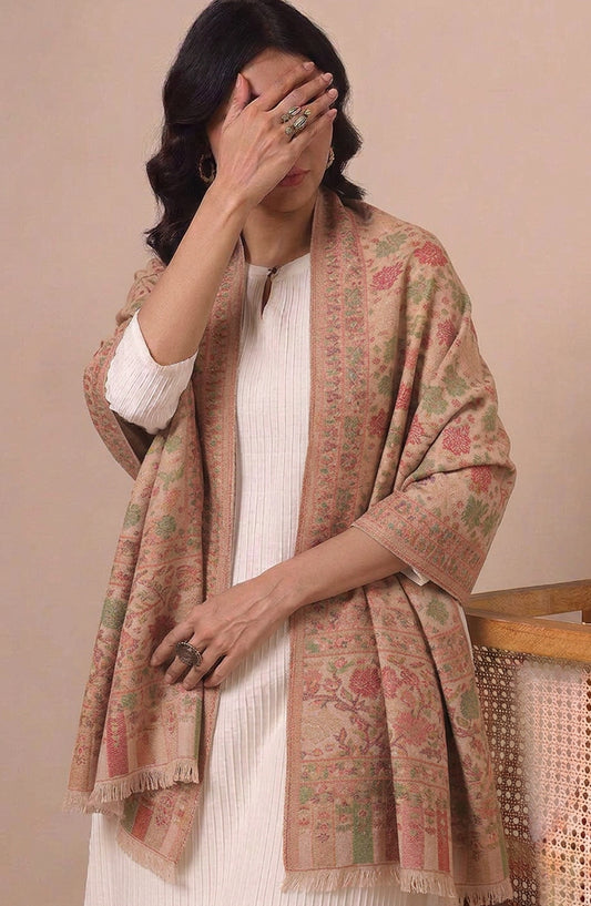 Amna Khadija Wool Jacquard Stole - AKW-08 - AM26STL - Brown - Winter Collection