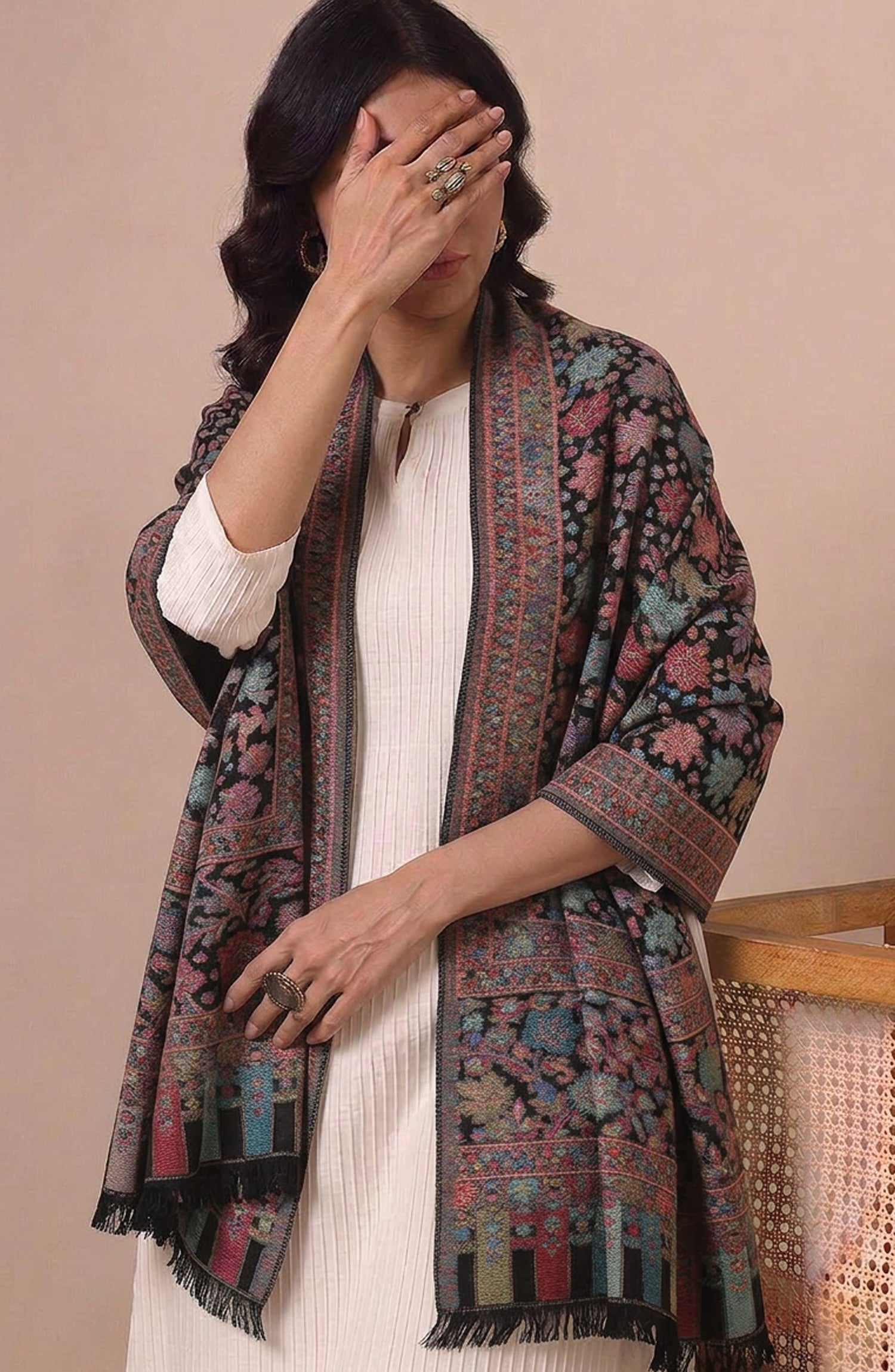 Amna Khadija Wool Jacquard Stole - AKW-09 - AM26STL - Black - Winter Collection