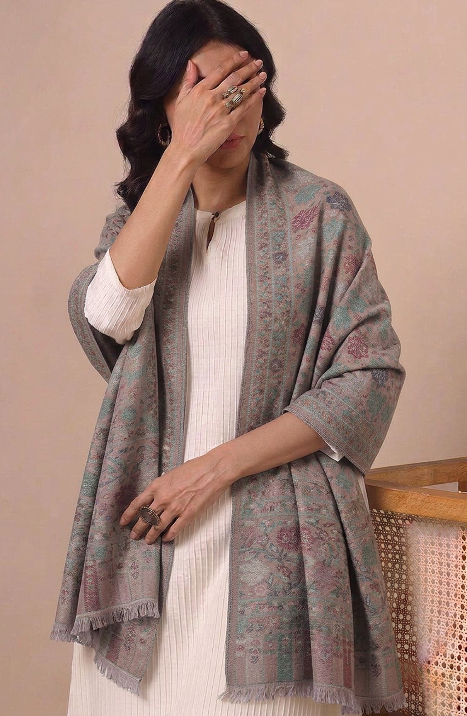 Amna Khadija Wool Jacquard Stole - AKW-10 - AM26STL - Grey - Winter Collection