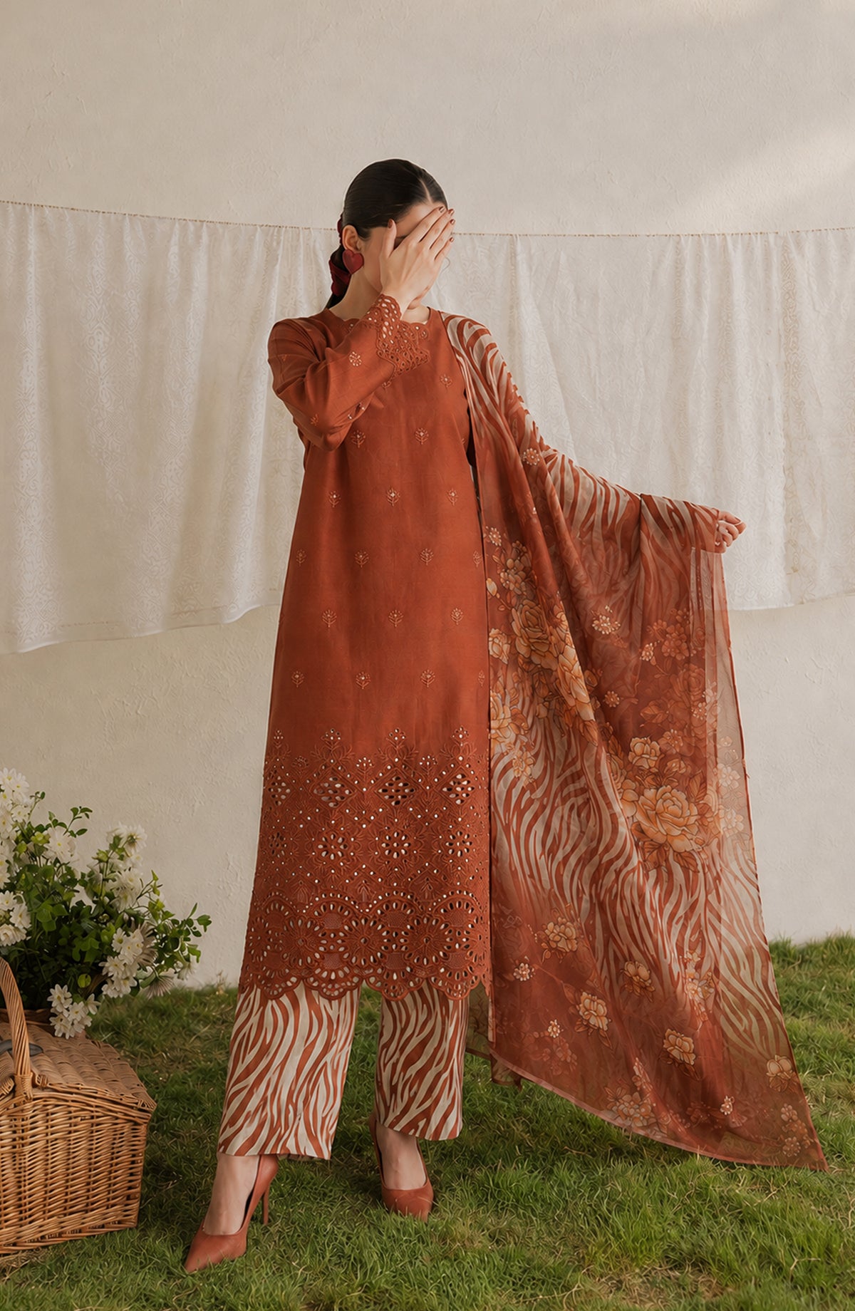 Amna Khadija Bella Doria Chikankari Lawn Unstitched 3 Piece Suit - AKBD-15 - AM26UBD - Orange - Summer Collection