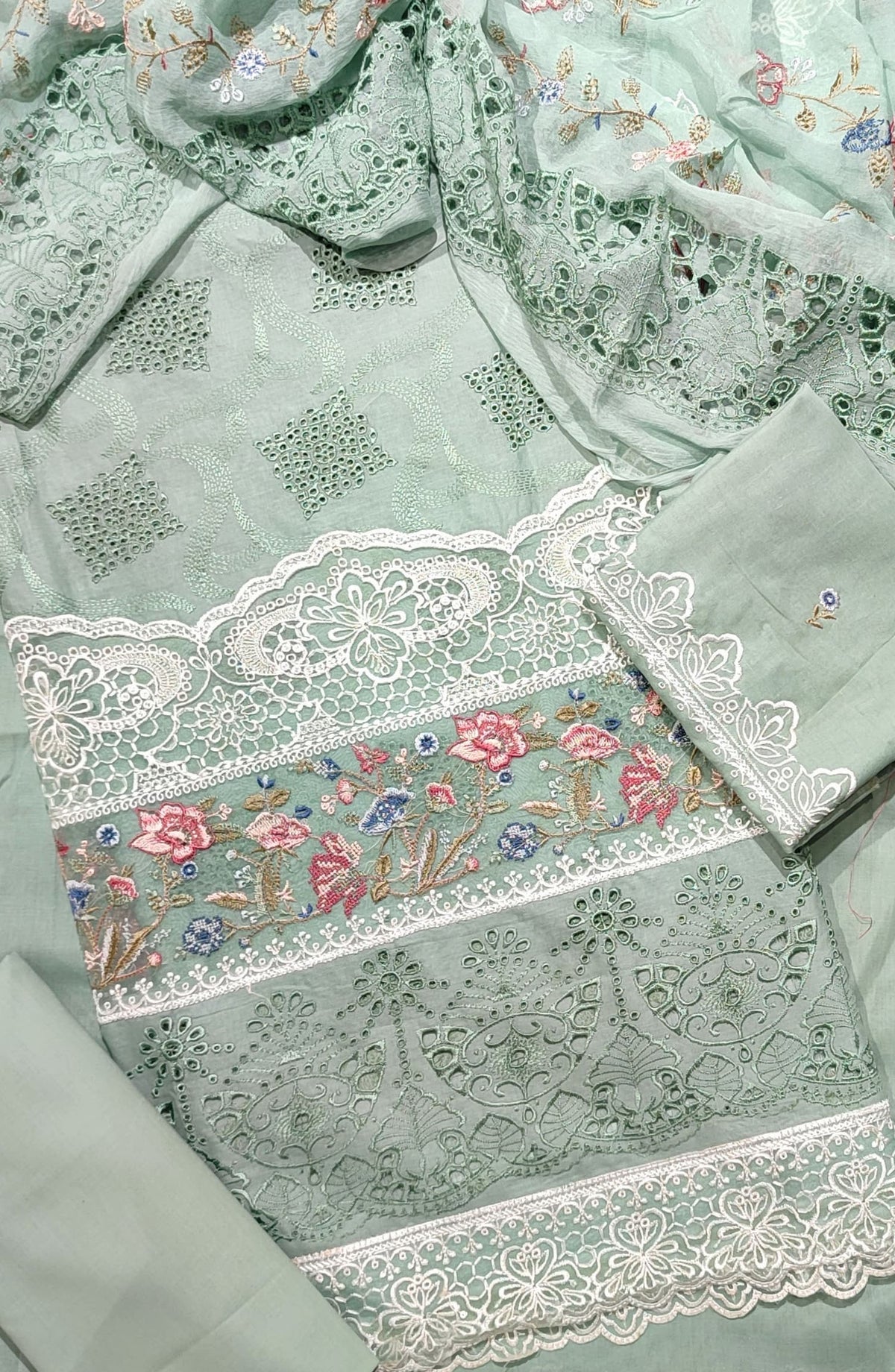 Amna Khadija Exclusive Chikankari Embroidered Lawn Unstitched 3 Piece Suit with Chiffon Chikankari Embroidered Dupatta - Design-01 - AM25CHK - Green - Summer Collection