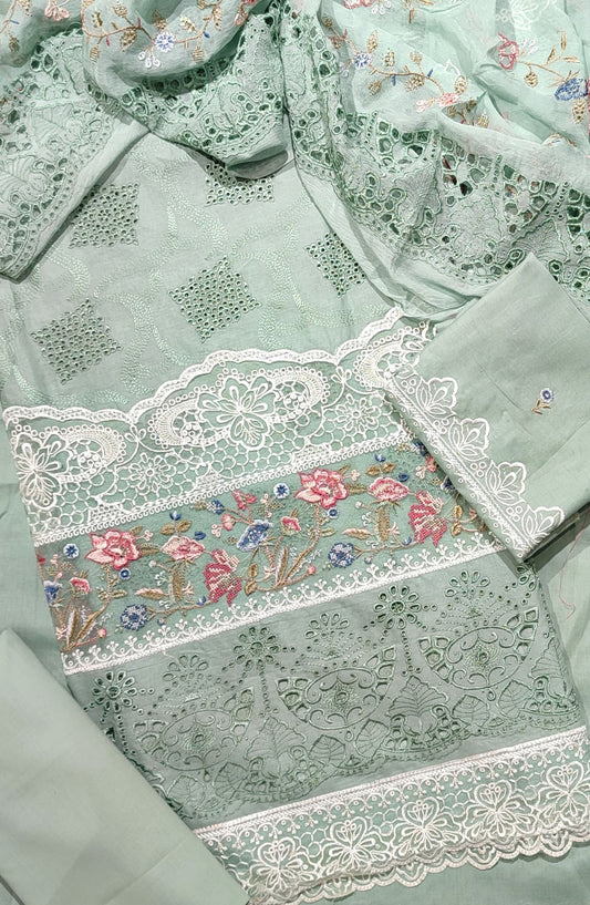 Amna Khadija Exclusive Chikankari Embroidered Lawn Unstitched 3 Piece Suit with Chiffon Chikankari Embroidered Dupatta - Design-01 - AM25CHK - Green - Summer Collection