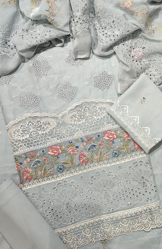 Amna Khadija Exclusive Chikankari Embroidered Lawn Unstitched 3 Piece Suit with Chiffon Chikankari Embroidered Dupatta - Design-02 - AM25CHK - Blue - Summer Collection