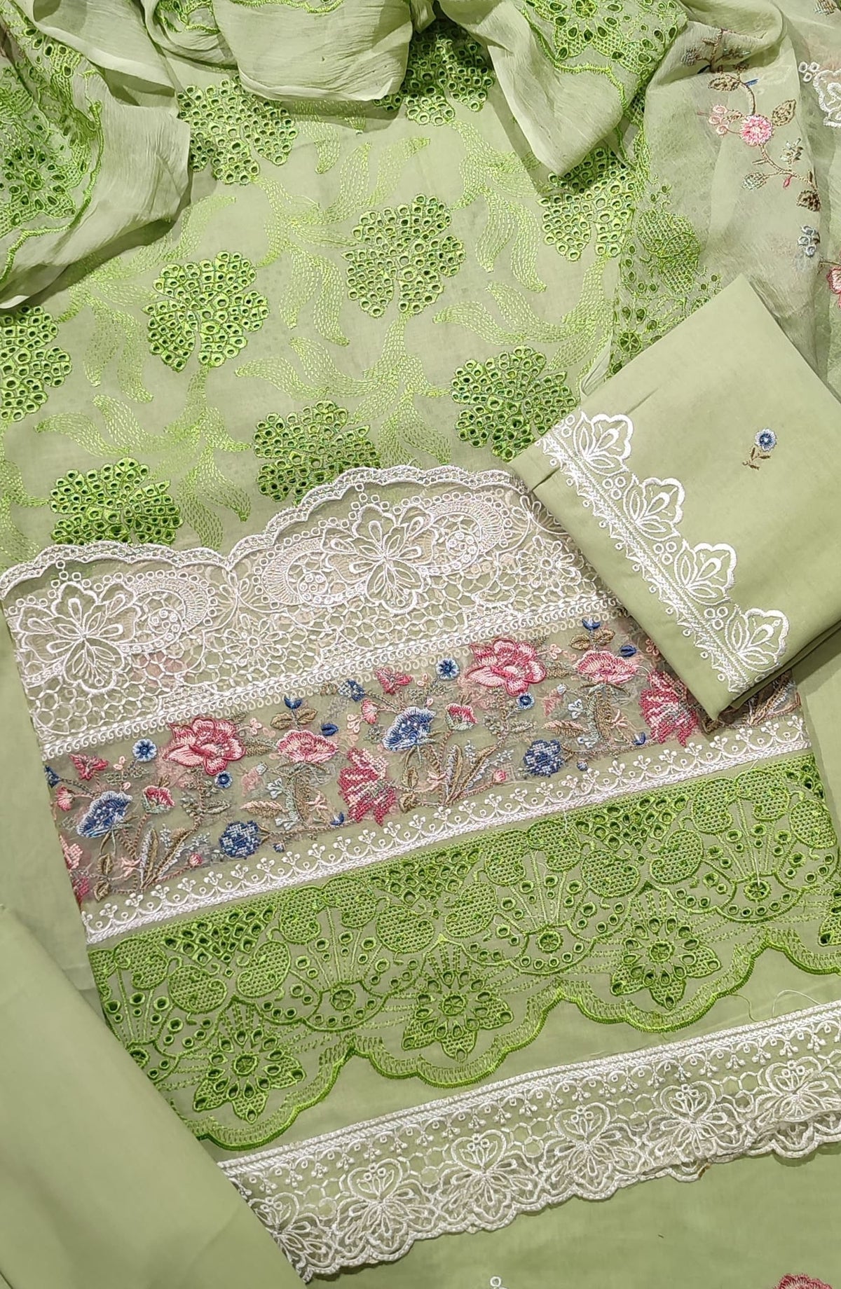 Amna Khadija Exclusive Chikankari Embroidered Lawn Unstitched 3 Piece Suit with Chiffon Chikankari Embroidered Dupatta - Design-03 - AM25CHK - Green - Summer Collection