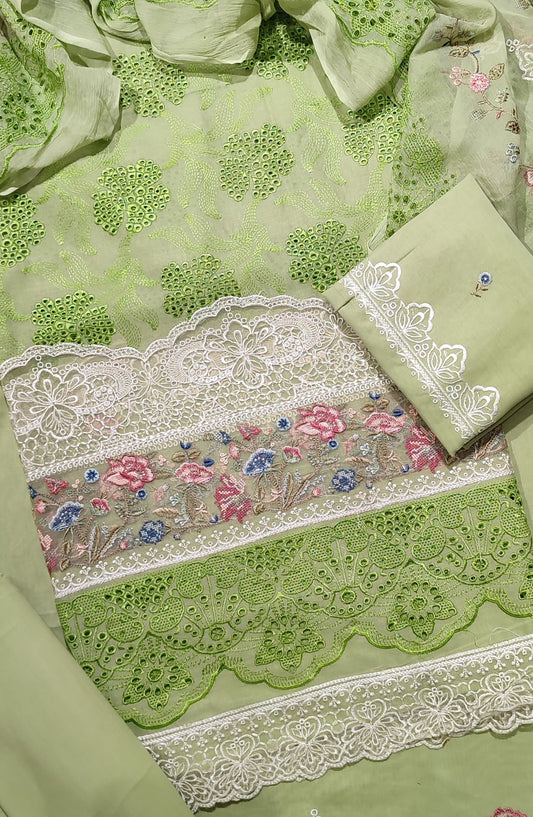 Amna Khadija Exclusive Chikankari Embroidered Lawn Unstitched 3 Piece Suit with Chiffon Chikankari Embroidered Dupatta - Design-03 - AM25CHK - Green - Summer Collection