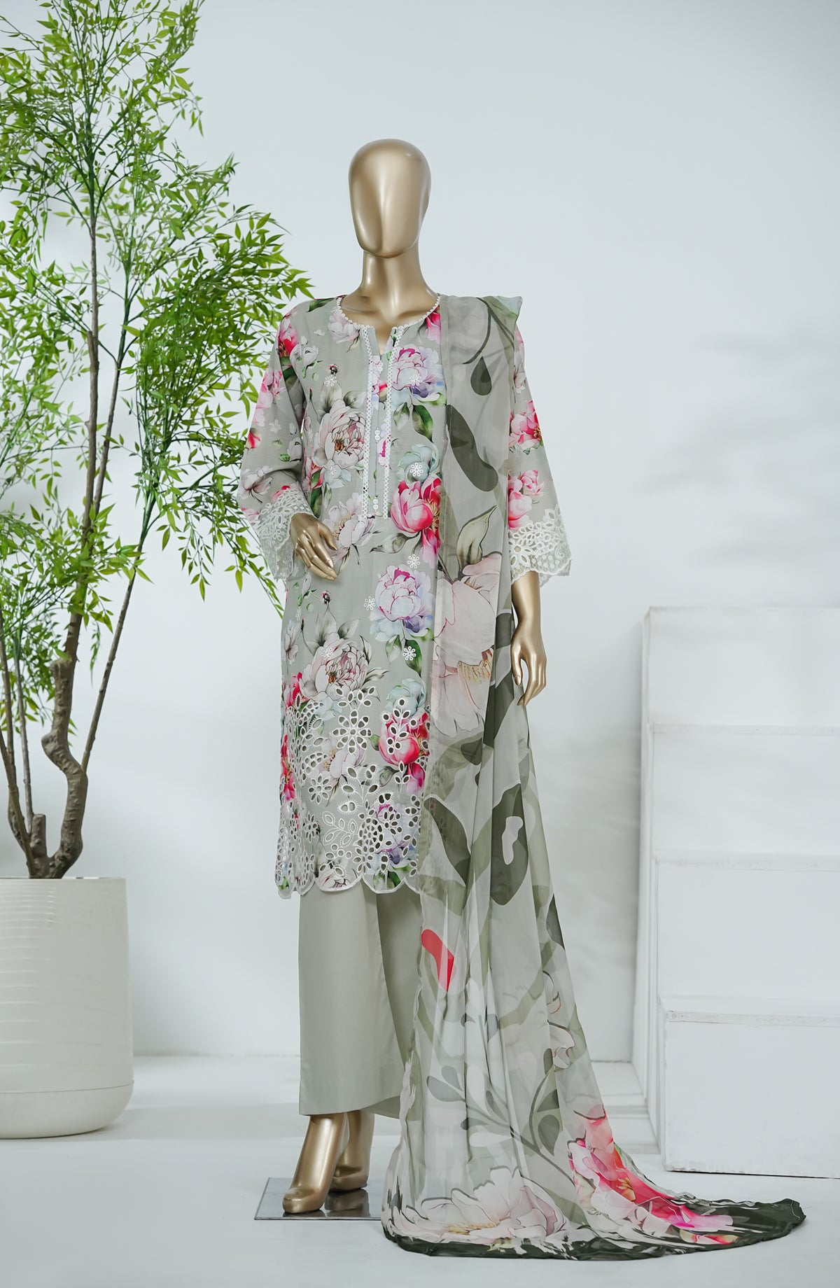 Amna Khadija Design by Aliaa Nesaa Embroidered Lawn Stitched 3 Piece Suit - AKAN-03 - AM26ALNS - Grey - Summer Collection
