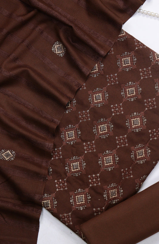 Amna Khadija Embroidered Dhanak Unstitched 3 Piece Suit - Design-06 - AM25DHC - Brown - Winter Collection